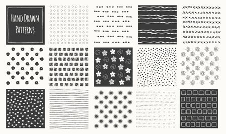 Set of cute abstract hand drawn black seamless patterns. Stripes flowers, dots, lines vector white background.のイラスト素材