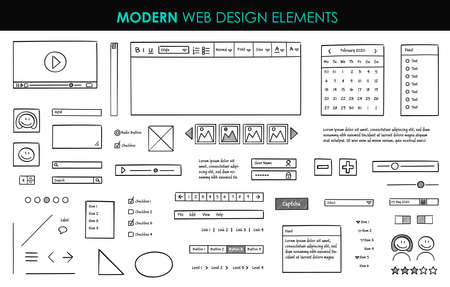 Set modern design elements page template. Website UI UX design hand drawn wire frames. Web elements with navigation, buttons, icons for use on the site. Vector illustration.のイラスト素材
