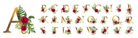 Collection romantic gold letters with drawn watercolor leaves and red rose. Elegant alphabet for book design, brand name, wedding invitation thanks card on white backgroundのイラスト素材