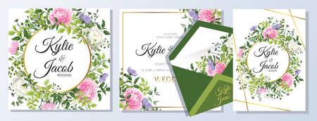 Set watercolor wedding vector template with flower, leaves, gold and line decoration. Floral invitation card. Wild flowers and peony and rose flower. Beautiful greenery plantsのイラスト素材
