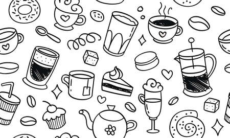 Beautiful pattern seamless of cofe. Natural coffee, desserts, pastries, cup, tea, hand drawn style retro. Vector decorative cute elegant illustration isolated white backgroundのイラスト素材