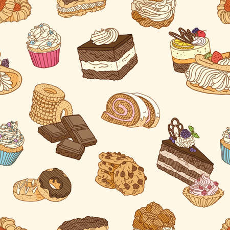 Cute and sweet seamless pattern with cookies. Hand Drawn vector illustration. Wrapping paper pattern. Background with abstract elements.のイラスト素材