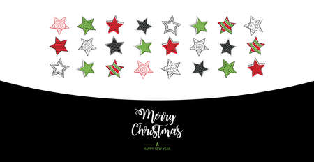 Modern greeting card Merry Christmas white background. Vector illustration with Christmas stars. In the colors green and red.のイラスト素材