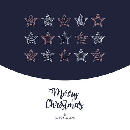 Modern greeting card Merry Christmas square. Vector illustration with Christmas elements stars. In the colors rose gold, white and navy blue.のイラスト素材