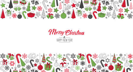 Greeting card Merry Christmas background. Vector illustration with Christmas elements snowflakes, trees, stars, Candy Cane, giftsのイラスト素材