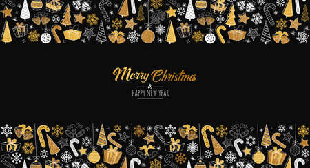 Greeting card Merry Christmas background. Vector illustration with Christmas elements snowflakes, trees, stars, Candy Cane, giftsのイラスト素材