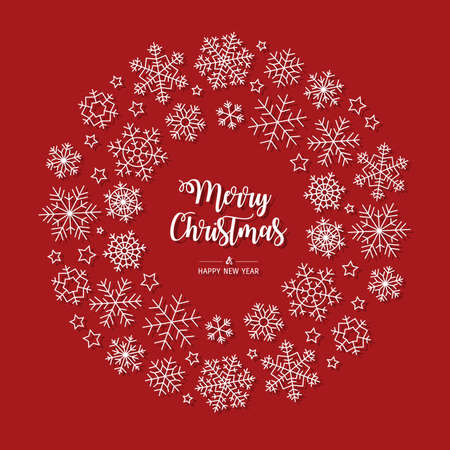 Modern circle greeting card Merry Christmas. Vector illustration with Christmas snowflakes. In the colors red and white.のイラスト素材