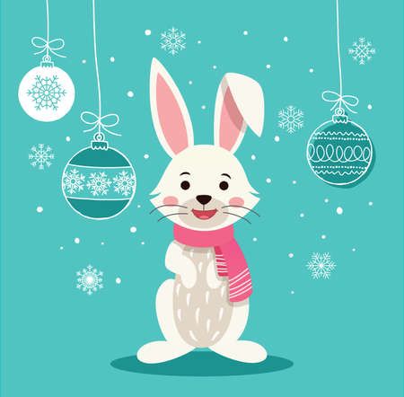 Christmas vector greeting card with cartoon rabbit with baubles and snowflake on blue background.のイラスト素材