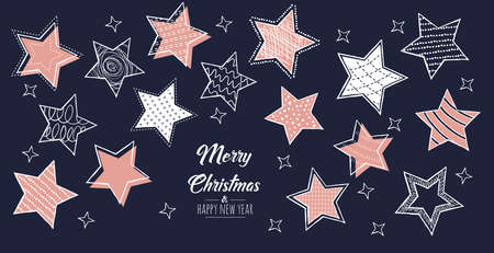 Set of hand drawn christmas stars. Decoration isolated modern elements. Greeting card color rose gold, white and background navy blue. Doodles and sketches vector illustration.のイラスト素材