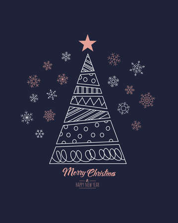 Modern greeting card Merry Christmas background. Vector illustration with Christmas tree and snowflakes. The colors copper pink, white and navy blue.のイラスト素材