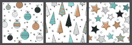 Cute Christmas seamless pattern with stars, baubles and tree. Hand Drawn vector illustration....
