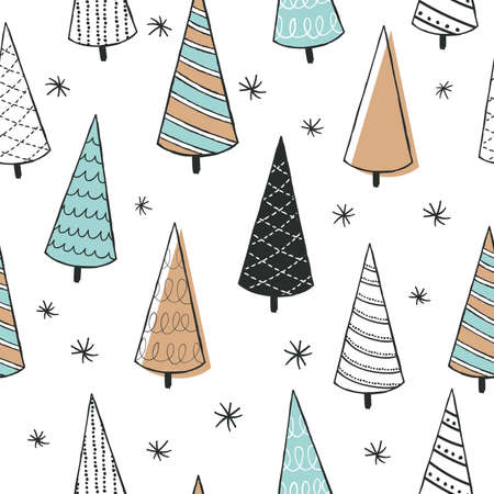 Cute seamless pattern with christmas tree. Hand Drawn vector illustration. Wrapping paper pattern. Background with abstract elements.のイラスト素材