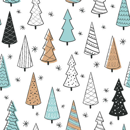 Cute seamless pattern with christmas tree. Hand Drawn vector illustration. Wrapping paper pattern. Background with abstract elements.のイラスト素材