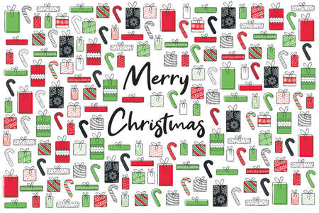 Set of hand drawn christmas decoration isolated elements gifts. Doodles and sketches vector illustrationのイラスト素材
