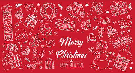 Set hand drawn Christmas elements doodles. Season greeting decor for your greeting card santa, gifts, reindeer, snowman. Linear graphic. Vector illustrationのイラスト素材