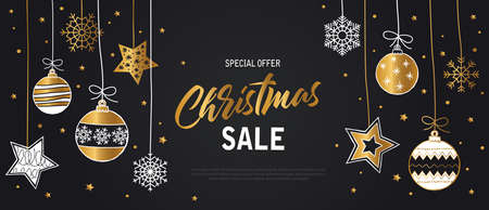 Christmas sale black background modern banner web header with glitter gold elements, snowflakes and starsのイラスト素材