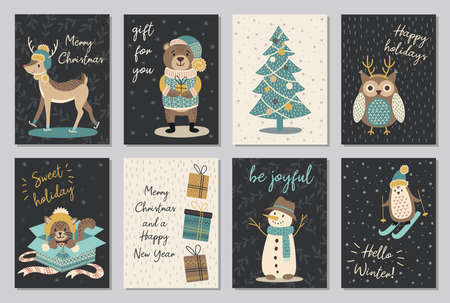 Set of modern hand drawn christmas gretting cards animals and other isolated elements. Vector illustration.のイラスト素材