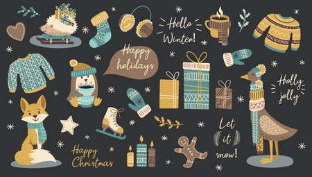 Set of modern hand drawn christmas animals and other isolated elements. Vector illustration.のイラスト素材
