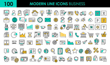 Set 100 modern vector line Icon of Business and Finance. Icons as business people, idea, diagram, basket, global, presentation, goal, work. Outline icons collection.のイラスト素材