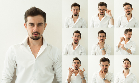 set of bearded man expressions on grey background. Young man with multiple face expressions. Set of emotions. Different emotions.の写真素材