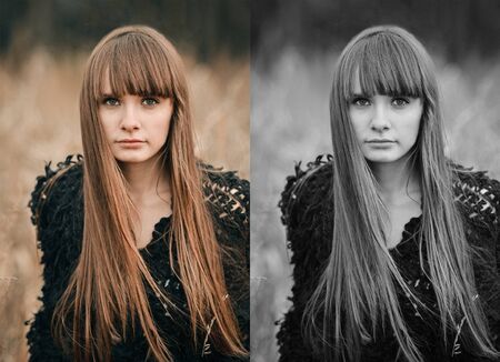 Art portrait of beautiful serious girl. gorgeous brunette girl, portrait in autumn outdoors. Vogue fashion style portrait of young pretty girl with long dark curly hair.brunette girl looking at cameraの写真素材