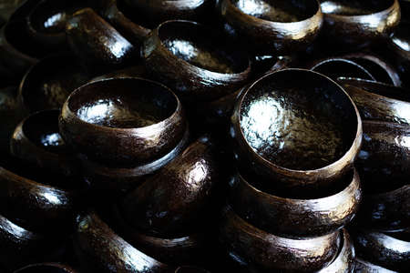 Bowls for tea ceremony in a Buddhist monastery, close-upの写真素材