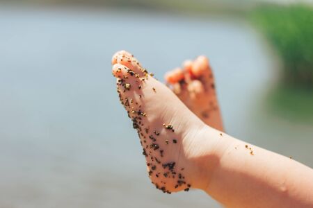 Baby, father and baby, sea, vacation concepts. Baby feet with sea on backgroundの写真素材