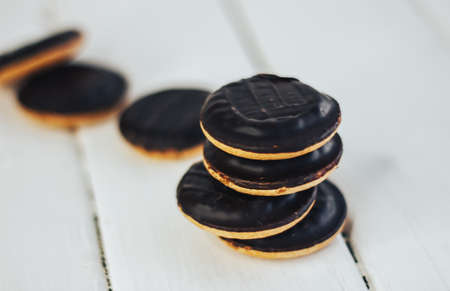 biscuit cookies with filling in chocolate glazeの写真素材