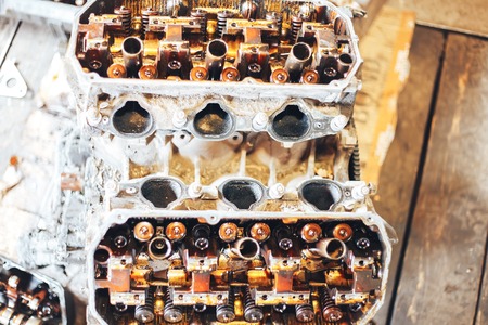 colorful car engine part standing in garageの写真素材