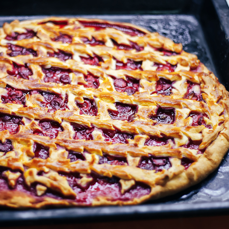 Delicious Homemade Cherry Pie with a Flaky Crustの写真素材
