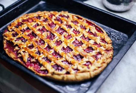 Delicious Homemade Cherry Pie with a Flaky Crustの写真素材