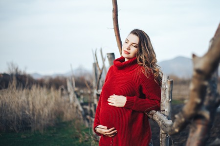 Pregnant woman standing in a field holding his stomach, waiting for the child, summer or spring day,...