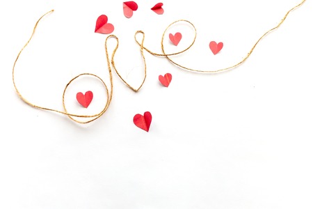 Rope heart Word love written with rope, the concept of love paper hearts aroundの写真素材