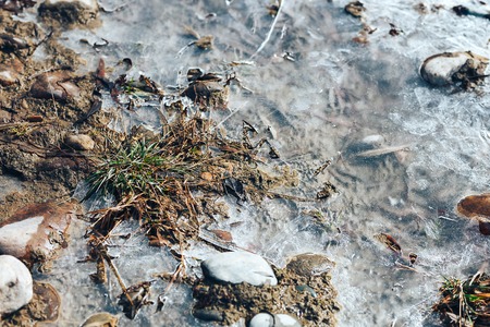 ice crystals pattern over frozen puddle on spring river.