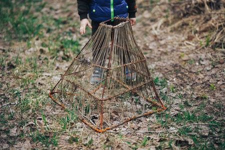 Summer, countryside, pond. snare for fish manual work Vintage styleの写真素材