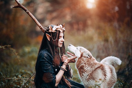 beautiful elf woman fabulous, fairy forest, famtasy young woman with long ears, long dark hair golden wreath crown on head with red dog like wolfの写真素材