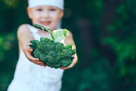 farmer boy in white overalls and grey hairband showing fresh organic broccoli in garden, harvest season. selected focus.の写真素材