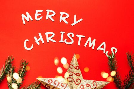 words of Merry christmas on red background.の写真素材