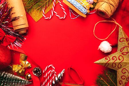 Christmas red flat lay frame composition.の写真素材