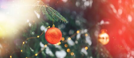 Christmas balls on tree outdoorの写真素材