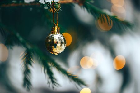 Christmas balls on tree outdoorの写真素材