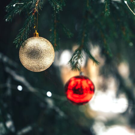 Christmas balls on tree outdoorの写真素材