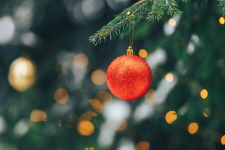 Christmas balls on tree outdoorの写真素材