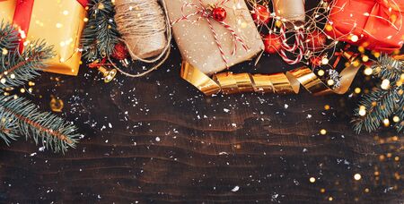Christmas decorations frame on wooden background.の写真素材