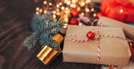 Christmas Presents and decorations on lights bokeh background.の写真素材