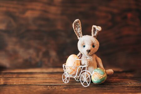 Color eggs in Easter bice, Rabbit sitting near bicycleの写真素材