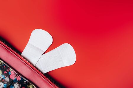 sanitary napkin stick out from the bag and in the corner are beautiful peonies on a red background, health care, monthly protection, reliable friend.の写真素材