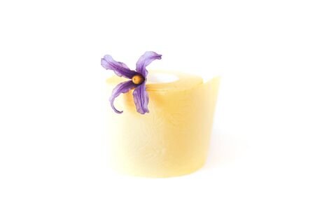 Yellow toilet paper roll with flower on white backgroundの写真素材