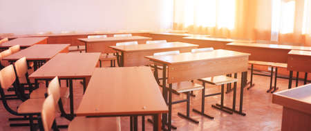 Empty school class during school holidays, back to school, children education.の写真素材