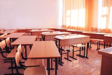 Empty school class during school holidays, back to school, children education.の写真素材